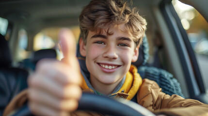 Teenager with a big smile behind the wheel, parent in the passenger seat giving a thumbs up, sense of achievement and pride.