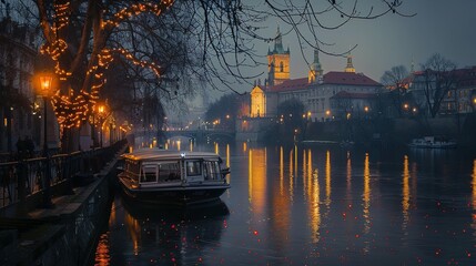 A boat moored on a river at dusk with city lights reflecting in the water