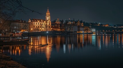 Illuminated Cityscape with a River and Boat at Night