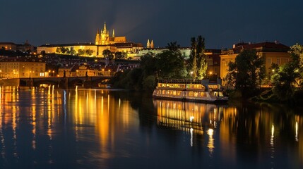 Fototapeta premium Illuminated Prague Castle, Bridge, and Boat at Night