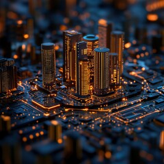 A high-angle view of a futuristic cityscape with golden lights, reflecting the blend of technology and urban architecture in a cyberpunk style.