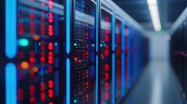 Close-up modern server room showcasing illuminated racks filled, data servers and colorful LED indicators.