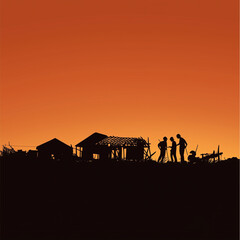 Naklejka premium Building Hope: Silhouette of Volunteers Constructing Homes in a Developing Area