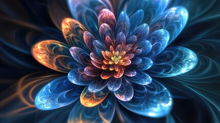 Fototapeta premium Colorful digital flower with fractal patterns, glowing in iridescent hues, symbolizing the elegance of mathematical art