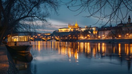 Prague Castle at Dusk with a Boat on the Vltava River