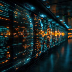 Fototapeta premium A high-tech data center corridor illuminated by glowing digital interfaces, showcasing advanced computing, data processing, and futuristic technology infrastructure.