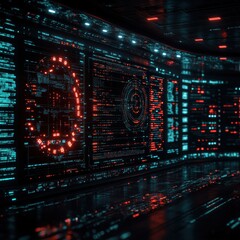Obraz premium Glowing digital interfaces illuminate a high-tech data center corridor, showcasing cutting-edge computing, data processing, and the infrastructure of future technology.