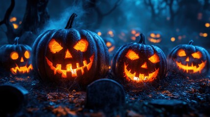 Naklejka premium Glowing carved pumpkins in misty graveyard at night