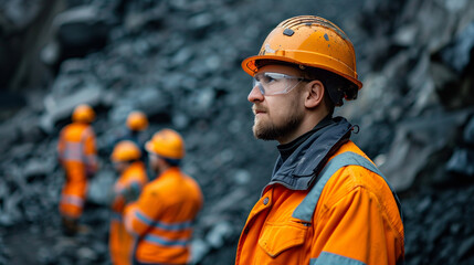 Workers in protective gear operating machinery or inspecting rock formations, teamwork and communication.