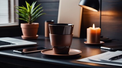 a cup of coffee combined with the atmosphere of an office desk