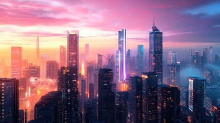 Fototapeta premium Futuristic cityscape at sunset with glowing skyscrapers and sleek modern designs, creating a vibrant, colorful urban skyline