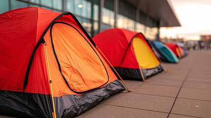 Tents set up outside a store for overnight camping