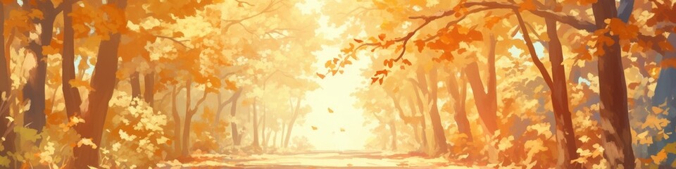 Enchanting Anime-Style Autumn Wonderland: Golden Tree-Lined Avenue Bathed in Dappled Sunlight. Dreamy 4K Illustration for Creative Marketing, Game Design, and Seasonal Artwork. Magical Fall Atmosphere