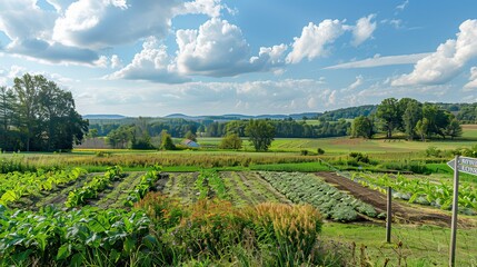 Wide-angle image of a farmâ€™s picturesque landscape with a clear focus on organic crops and a sign promoting support for local farmers. 