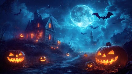 Glowing carved pumpkins in misty graveyard at night