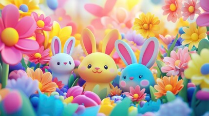 Obraz premium Lively 3D vector featuring cheerful small animals and vibrant flower watermarks, perfect for a happy-themed A4 cover