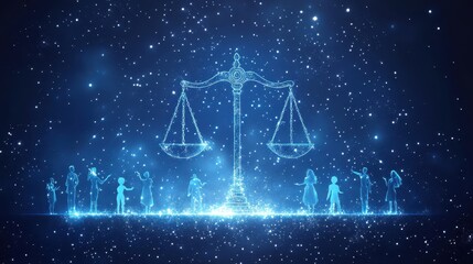 A blue sky with a scale of justice and people in the background