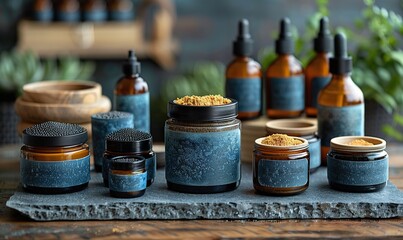 set of male skin care beauty products on stone table spa cosmetics for men design branding.