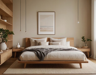 Minimalist bedroom with wooden bed and a framed picture of a beach scene.