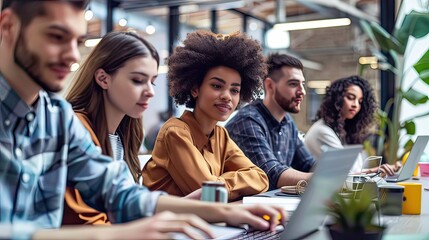 Multiethnic startup team in a contemporary coworking space, engaged in a focused discussion with some team members working on laptops and others in motion. 