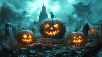 Naklejka premium Halloween card with pumpkins, zombies, and graveyard sign