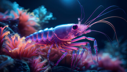 flusskrebs, garnele, meeresfr&uuml;chte, crustacean, krabbe, neon, gl&uuml;hend, lila, violet, farbe, wasser, unter, t&uuml;rkis, leuchtend, neu, close up, y2k, design, durchsichtig, pink, schwimmend, ad