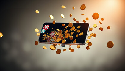 Obraz premium Floating smartphone with explosion of golden coins, symbolizing digital wealth, online earnings, and financial technology. Dynamic visualization of mobile banking and cryptocurrency concept.