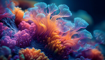 Naklejka premium koralle, unter wasser, y2k, neu, bunt, qualm, close up, meer, reef, ozean, design, aesthetic, style, noastlgia, leuchtend, glühend, kunst, makro, photo, blur, anemone, tropisch, kreativ, welle, blau, 