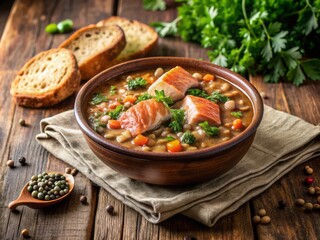 Hearty salmon and lentil stew served in a rustic ceramic bowl, garnished with fresh parsley, accompanied by a slice of crusty artisanal bread.