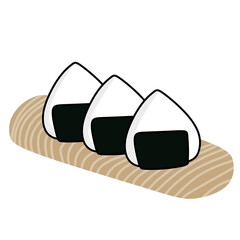 Illustration of onigiri rice balls on a wooden plate.