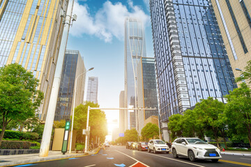 Fototapeta premium The city's tall buildings and high-speed cars, the urban landscape of Changsha, China.