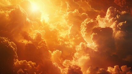 The sky is filled with orange clouds and the sun is shining brightly