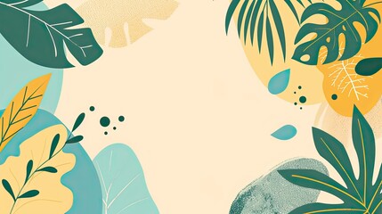 A flat vector background with simple shapes and tropical leaves in blue, green, yellow colors. A soft beige color at the top for space to add text or graphics. 