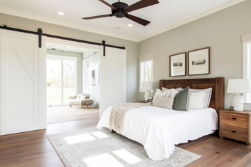 Modern house interior bedroom antique headboard, green accent