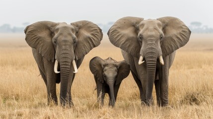 Fototapeta premium Three elephants standing in a field with one of them being a baby