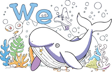 coloring page a simple drawing of pretty letter with cartoon character, Coloring book