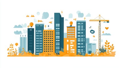 A city skyline with a crane in the background