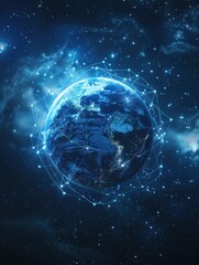 Obraz premium A blue planet with a network of lines surrounding it