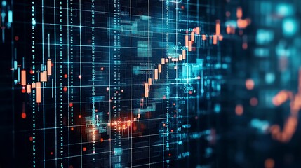 Obraz premium Abstract financial data visualization with glowing graphs and charts representing market trends and trading information.