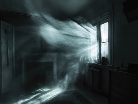 A darkened room with objects floating and spinning, ghostly presence unseen, poltergeist energy filling the space, supernatural force