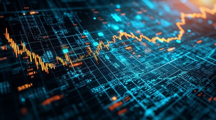 Abstract representation of digital data flow with graph lines and glowing elements, ideal for technology and finance themes.