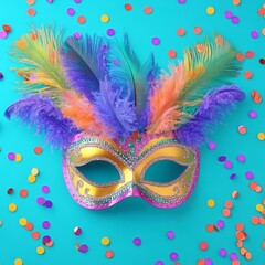 Vibrant Carnivale Splendor: A Colorful Beaded and Feathered Mardi Gras Mask Set Against a Festive Background, Perfect for Carnivals, Parties, and Celebrations