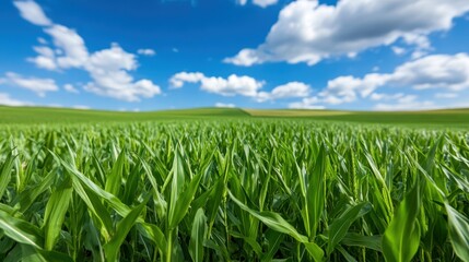 Obraz premium Vibrant green cornfield under a bright blue sky with fluffy clouds, showcasing the beauty of nature and agricultural landscapes.