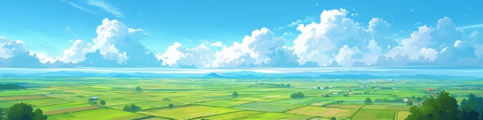 Obraz premium Aerial View of Endless Green Rice Fields Under Blue Sky: Dreamy Anime-Style Summer Landscape. Idyllic 4K Illustration for Creative Marketing, Seasonal Artwork, and Harvest Themes. Serene Rural Scenery