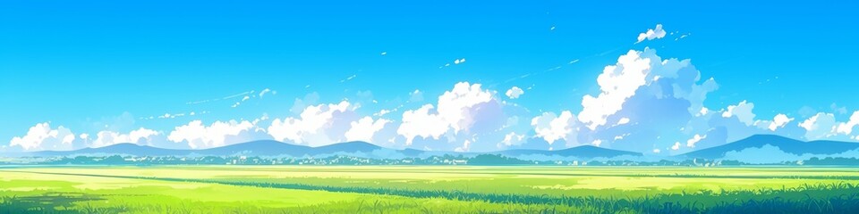 Fototapeta premium Aerial View of Endless Green Rice Fields Under Blue Sky: Dreamy Anime-Style Summer Landscape. Idyllic 4K Illustration for Creative Marketing, Seasonal Artwork, and Harvest Themes. Serene Rural Scenery