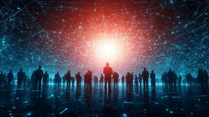 An abstract scene depicting silhouettes of people against a glowing digital backdrop, symbolizing connection and technology.