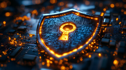 A digital shield with a keyhole on a circuit board pattern, with blue and yellow highlights, symbolizing cybersecurity