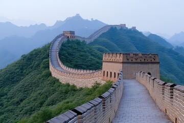 The Great Wall of China stretches majestically across verdant mountains, showcasing ancient architecture and breathtaking scenery.