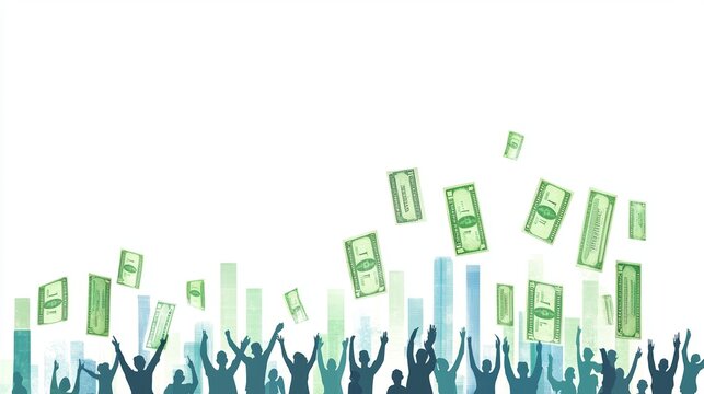 An illustration of a jubilant crowd celebrating with money raining down, symbolizing prosperity and success.