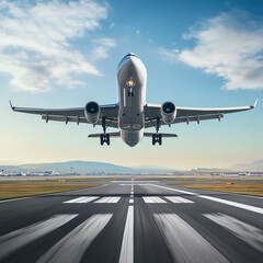 Fototapeta premium A commercial airliner taking off from a bustling airport runway
